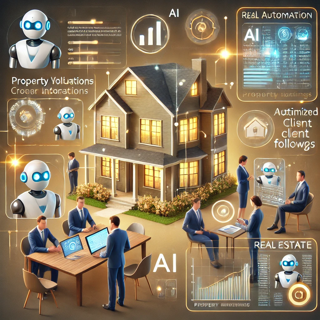 AI Automation for Real Estate: Modern real estate office using AI tools to manage property listings, client interactions, and market analysis.
